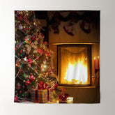 Aperturee - Warmer Kamin Weihnachtsbaum Feiertagshintergrund für Foto